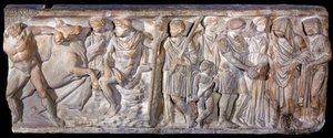 コルヒスでのジェイソンと火の息をする雄牛を描いた石棺、紀元前753-476年（大理石）